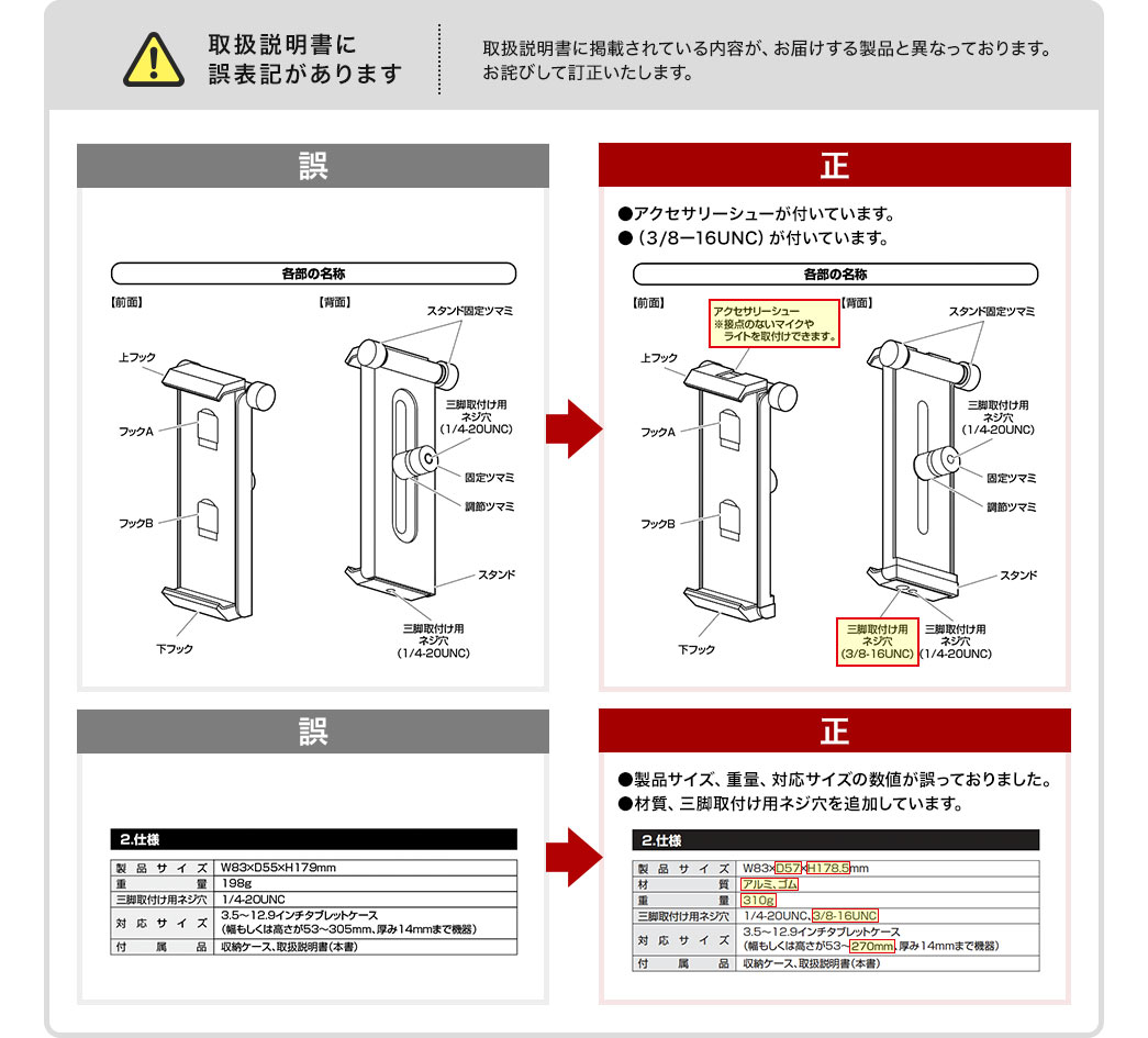 取扱説明書に誤表記があります