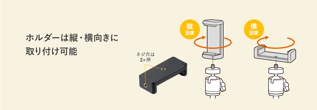 ホルダーは縦・横向きに取り付け可能