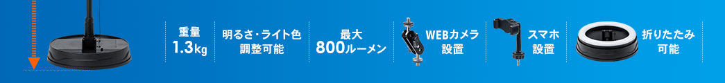 重量1.3kg 明るさ・ライト色調整可能 最大800ルーメン