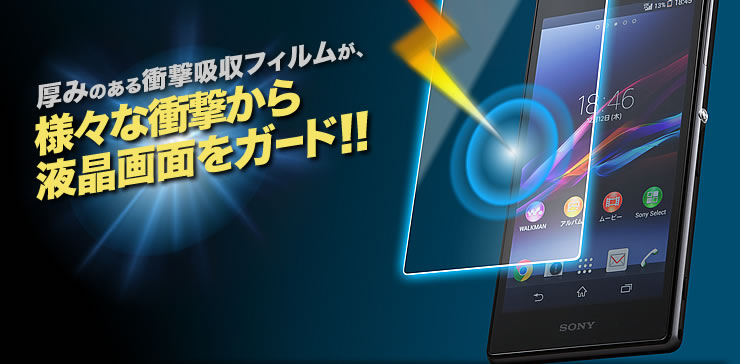 厚みのある衝撃吸収フィルムが、様々な衝撃から液晶画面をガード