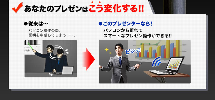 パソコンから離れてスマートなプレゼン操作ができる