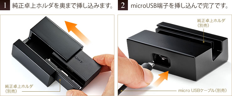 純正卓上ホルダを奥まで挿し込みます。　microUSB端子を挿し込んで完了です。