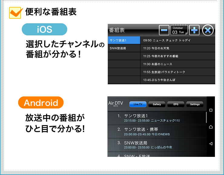 放送中の番組がひと目で分かる番組表