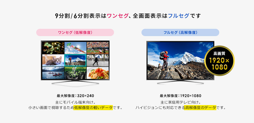 9分割/6分割表示はワンセグ、全画面表示はフルセグです