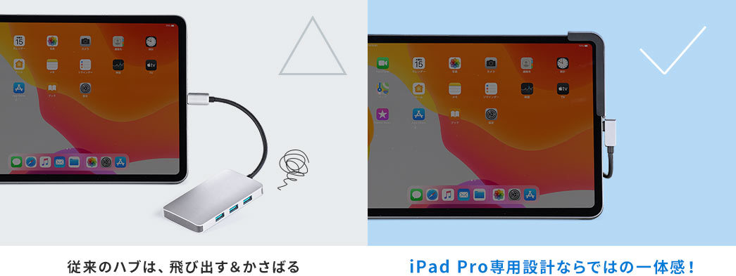 従来のハブは、飛び出す＆かさばる iPad Pro専用設計ならではの一体感