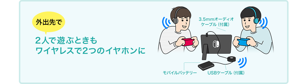 外出先で2人で遊ぶときもワイヤレスで2つのイヤホンに