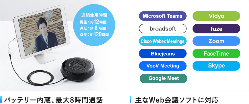 バッテリー内蔵、最大8時間通話 主なWeb会議ソフトに対応