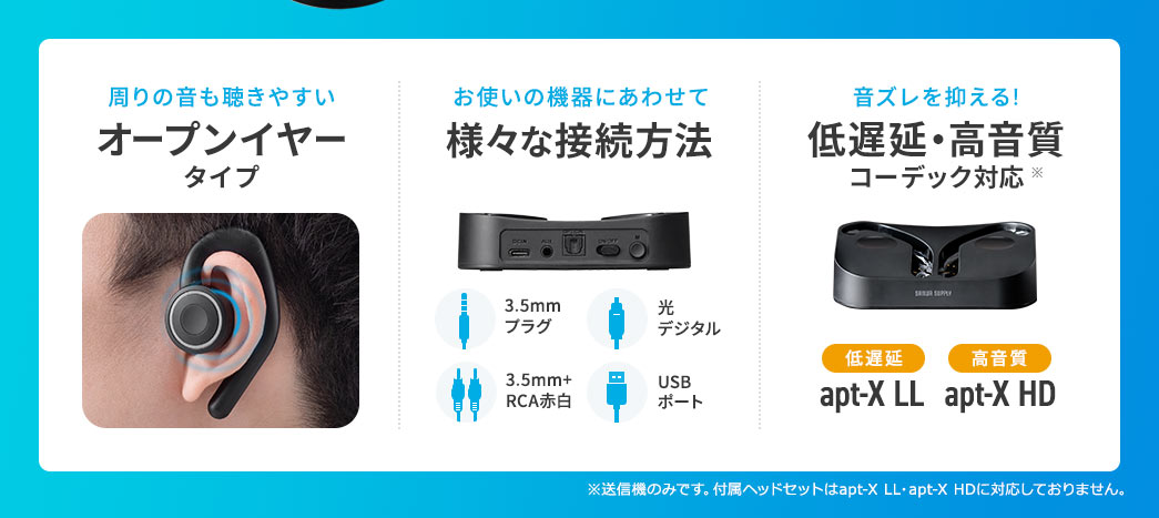 周りの音も聴きやすいオープンイヤータイプ。お使いの機器にあわせて様々な接続方法。音ズレを抑える!低遅延・高音質コーデック対応。※送信機のみです。付属ヘッドセットはapt-XLL・apt-XHDに対応しておりません。