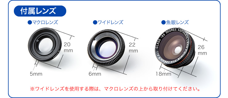 仕様　付属レンズ　マクロレンズ　ワイドレンズ　魚眼レンズ