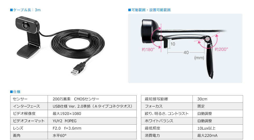 ケーブル長：3m 可動範囲・設置可能範囲 仕様