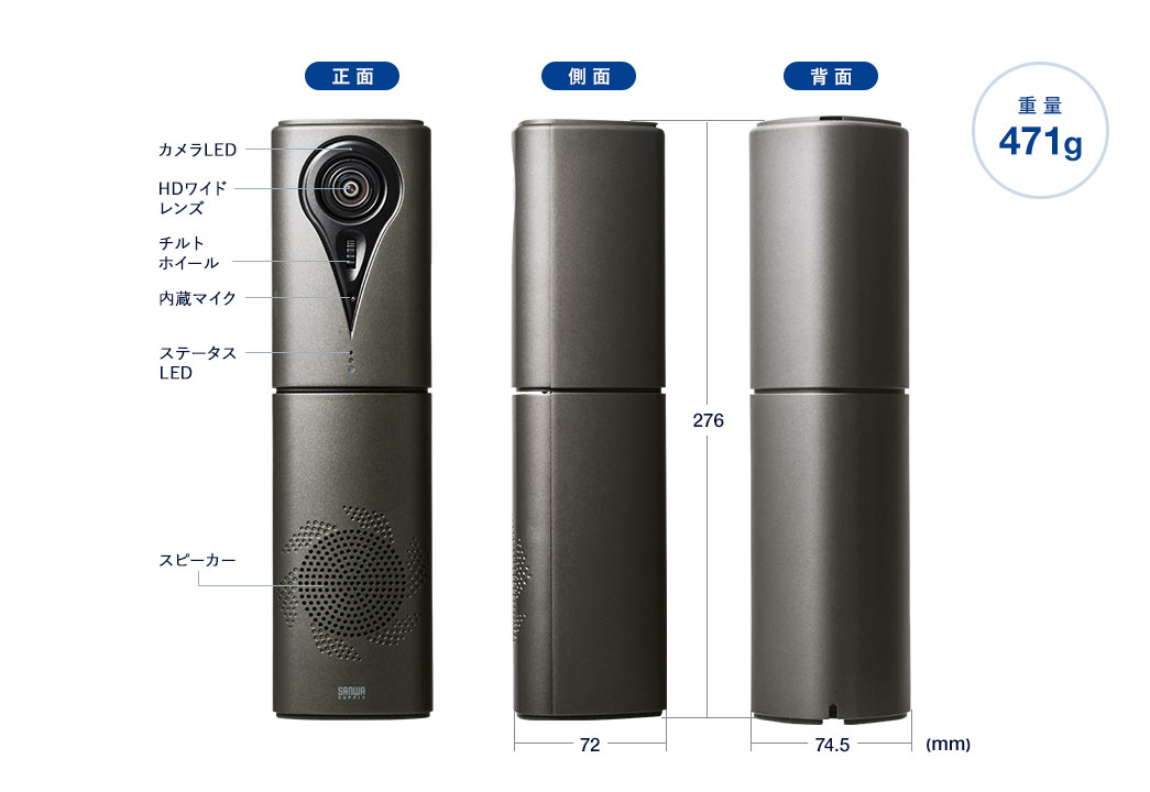 正面、側面、背面。重量471g