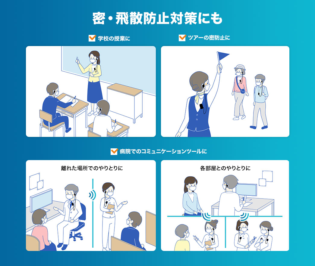 密・飛沫防止対策にも 学校の授業に ツアーの密防止に 病院でのコミュニケーションツールに