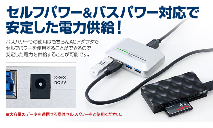 セルフパワー&バスパワー対応で安定した電力供給！