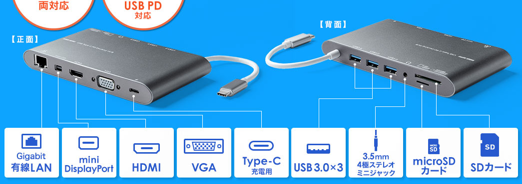 Gigabit有線LAN miniDisplayPort HDMI VGA Type-C充電用