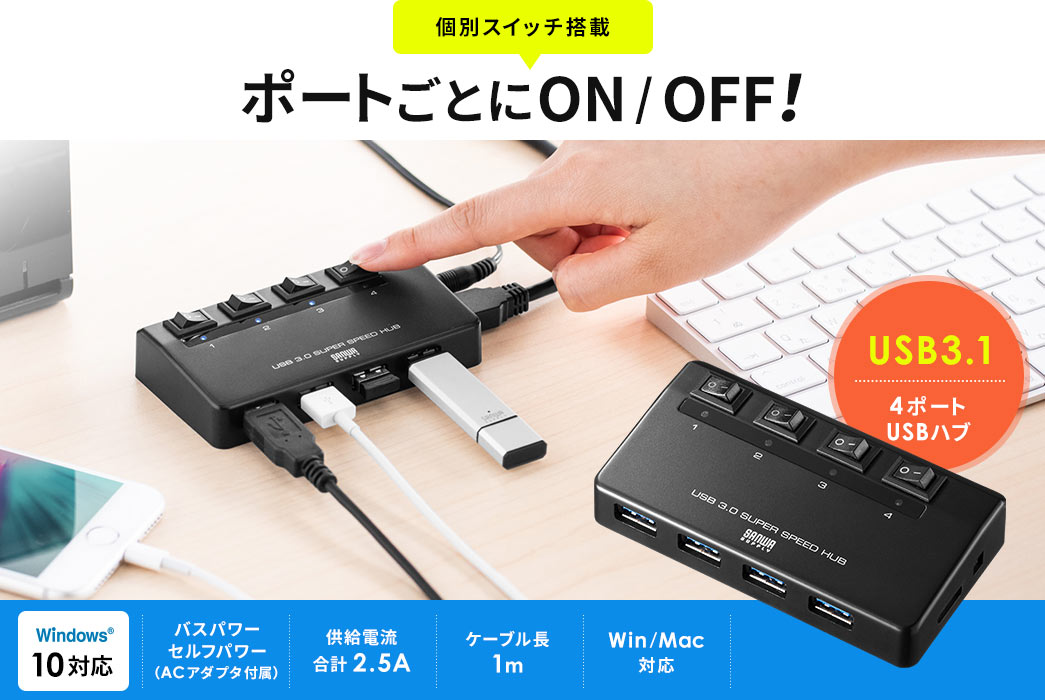 個別スイッチ搭載 ポートごとにON/OFF 4ポートUSBハブ