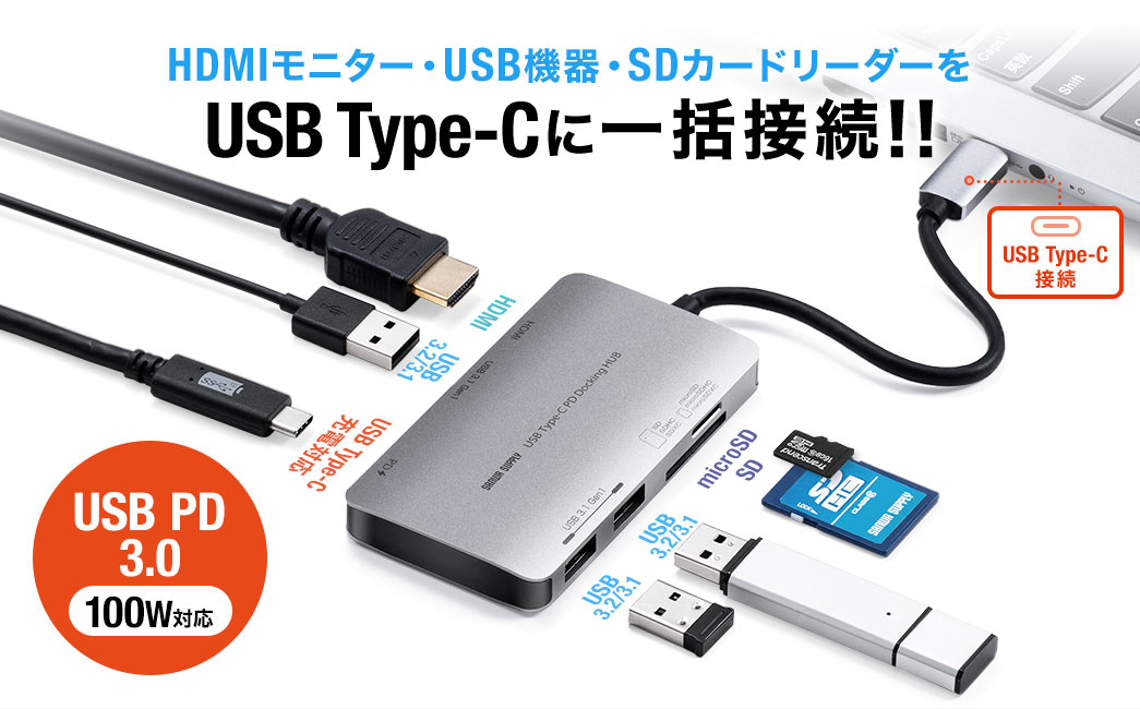 HDMIモニター・USB機器・SDカードリーダーをUSB Type-Cに一括接続