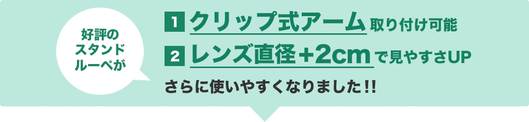 クリップ式アーム取り付け可能 レンズ直径＋2cmで見やすさUP