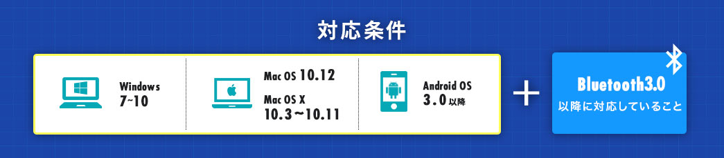 対応条件 Windows7〜10 Mac OS 10.12 Max OS X10.3〜10.11 Android OS3.0以降