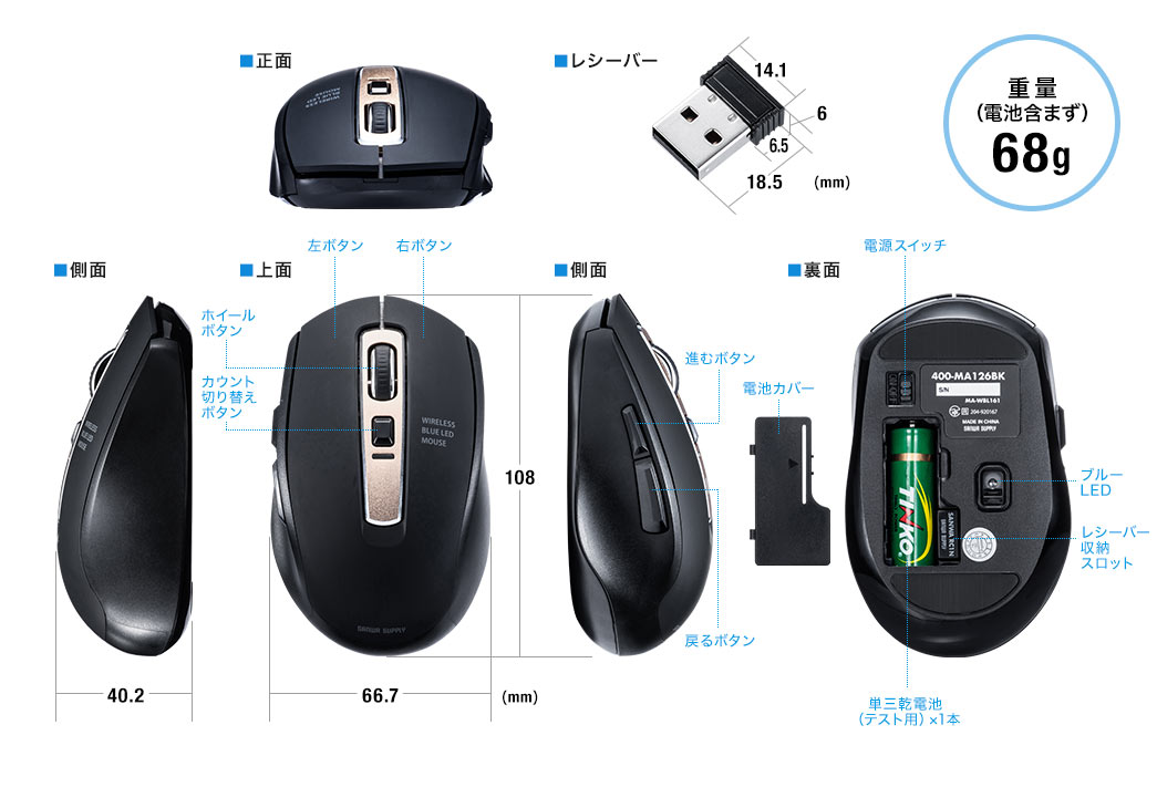 重量（電池含まず）68g