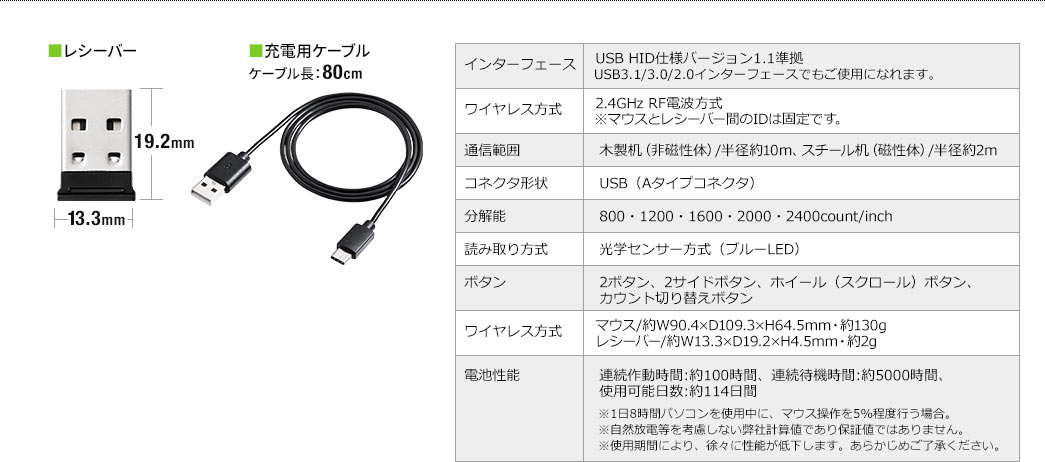 レシーバー 充電用ケーブル