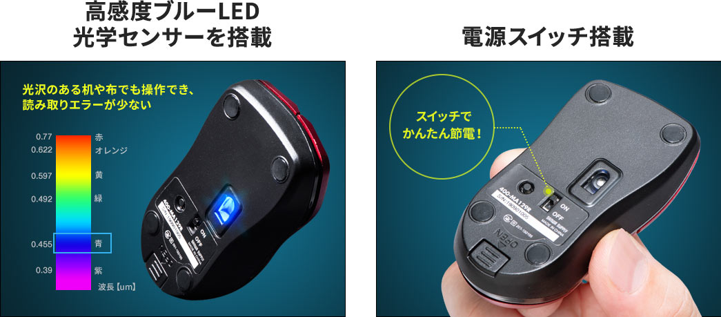 高感度ブルーLED光学センサーを搭載 電源スイッチ搭載