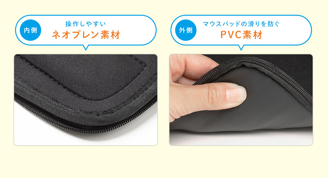内側 操作しやすいネオプレン素材 外側 マウスパッドのすべりを防ぐPVC素材