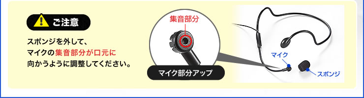 スポンジを外して、マイクの集音部分が口元に向かうように調整してください