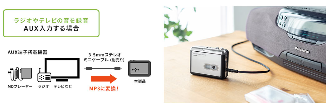 ラジオやテレビの音を録音 AUX入力する場合