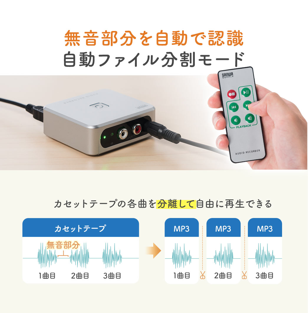 無音部分を自動で認識、自動ファイル分割モード。カセットテープの各曲を分離して自由に再生できます。