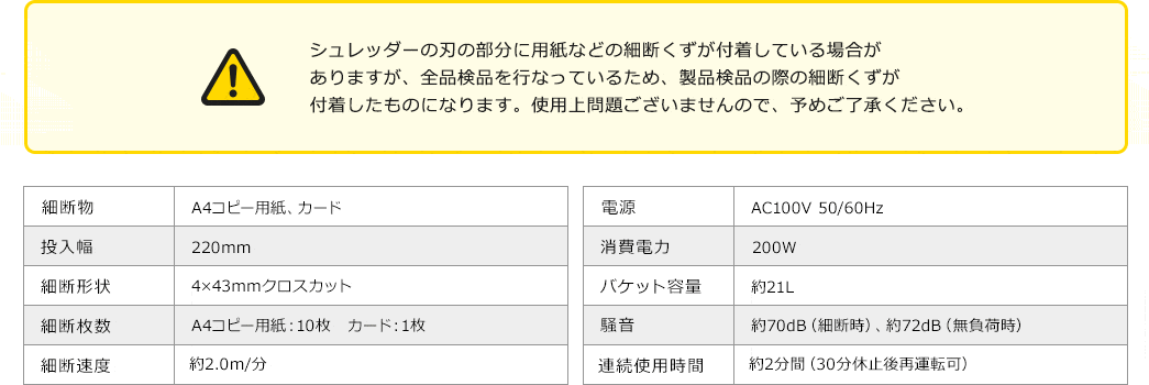 シュレッダーの刃の部分に用紙などの細断くずが付着している場合がありますが、全品検品を行なっているため、製品検品の際の細断くずが付着したものになります。使用上問題ございませんので、予めご了承ください。