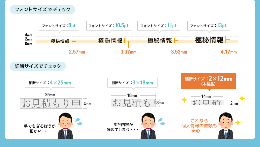 フォントサイズでチェック 細断サイズでチェック