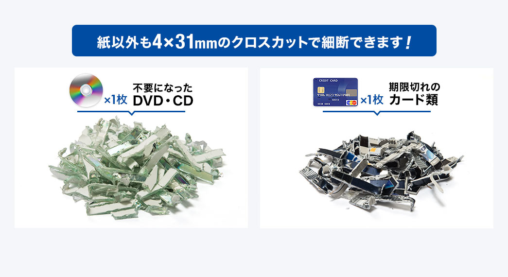 紙以外も4×31mmのクロスカットで細断できます