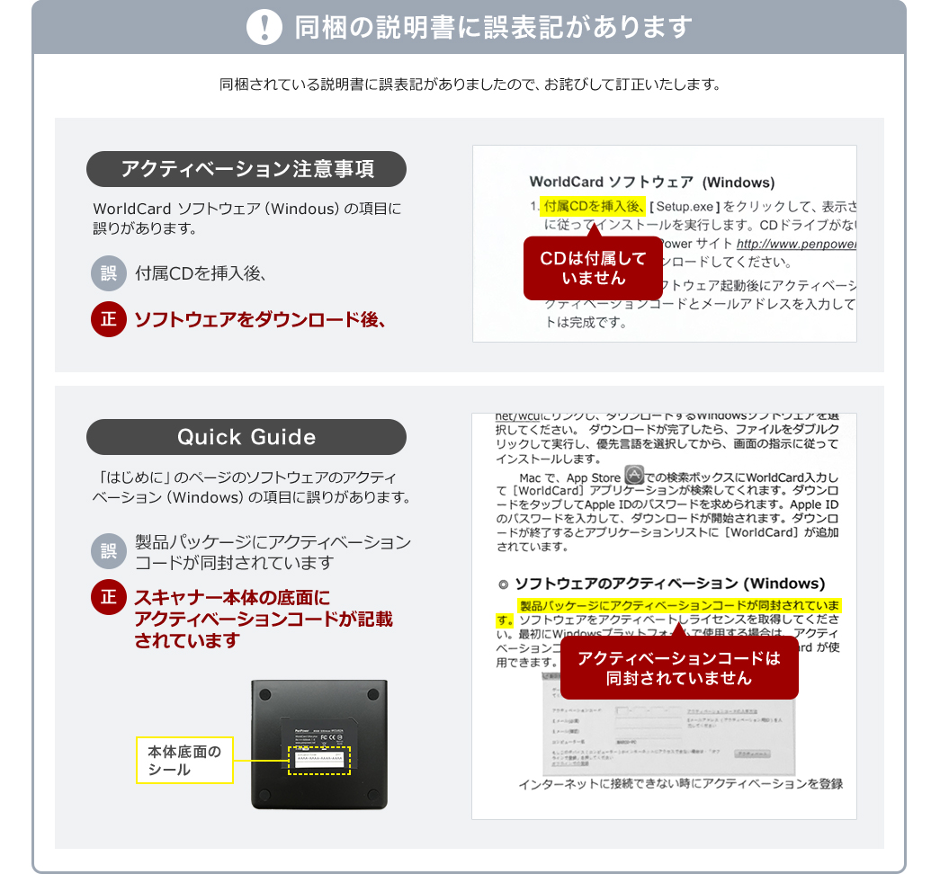 同梱の説明書に誤表記があります