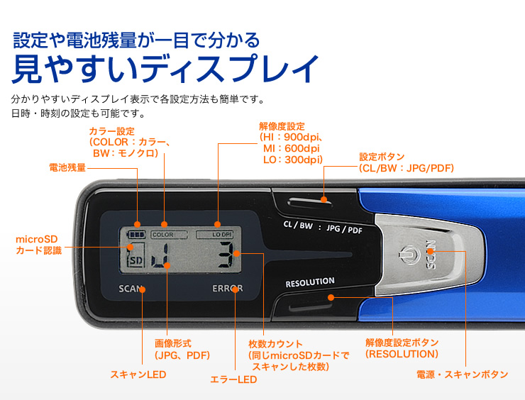 設定や電池残量が一目でわかる　見やすいディスプレイ