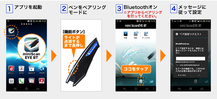 アプリを起動　ペアリング　Bluetoothオン　設定
