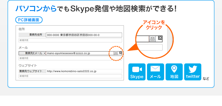 パソコンからでもSkype発信や地図検索ができる