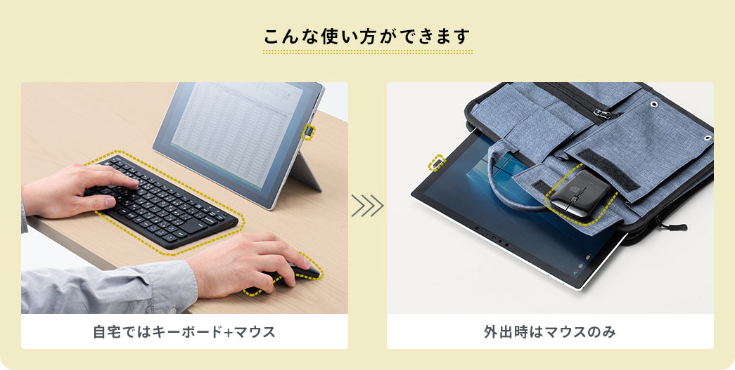 こんな使い方ができます 自宅ではキーボード＋マウス 外出時はマウスのみ