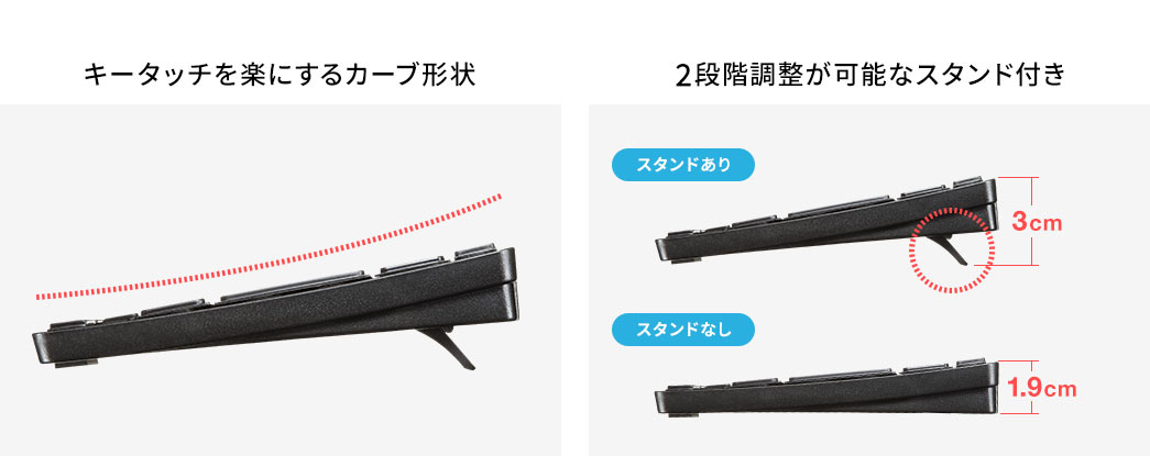 キータッチを楽にするカーブ形状 2段階調整が可能なスタンド付き