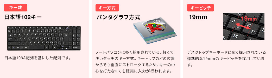 キー数 日本語102キー キー方式 パンタグラフ方式 キーピッチ 19mm