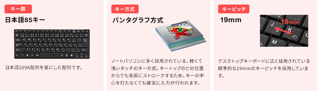 キー数 日本語85キー キー方式 パンタグラフ方式 キーピッチ 19mm