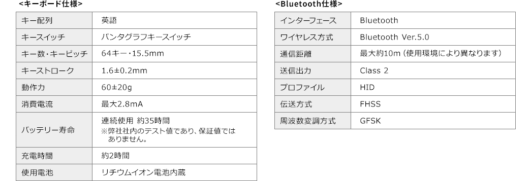 キーボード仕様 Bluetooth仕様