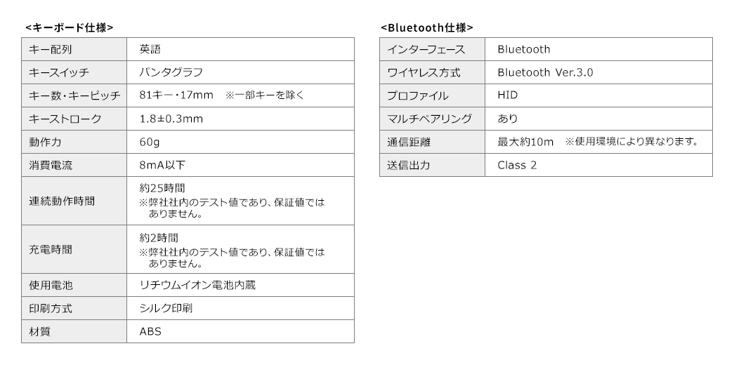 キーボード仕様 Bluetooth仕様