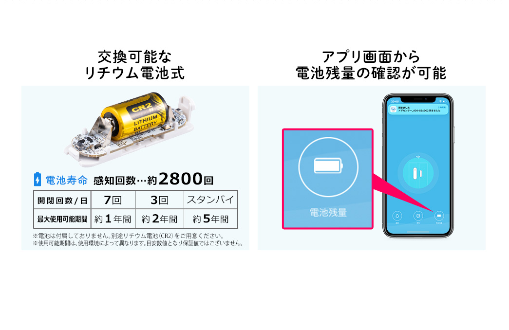 交換可能なリチウム電池式 アプリ画面から電池残量の確認が可能