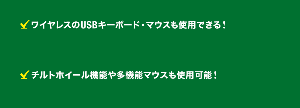 ワイヤレスのUSBキーボード・マウスも使用できる