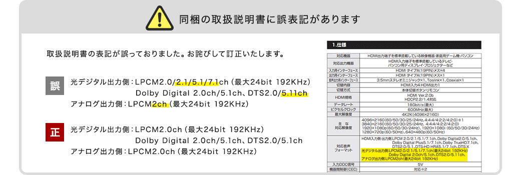 同梱の取扱説明書に誤表記があります