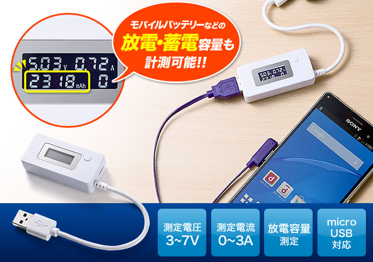 測定電圧3〜7V　測定電流0〜3A　放電容量測定　microUSB対応