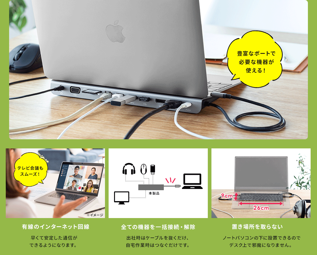 豊富なポートで必要な機器が使える！ 有線のインターネット回線 全ての危機を一括接続・解除 置き場所を取らない