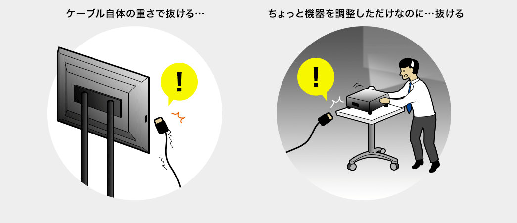 ケーブル自体の重さで抜ける