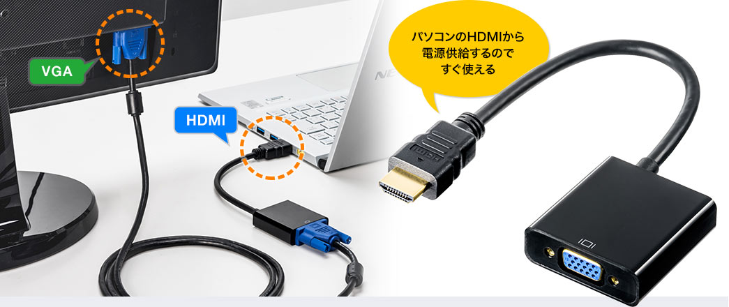 パソコンのHDMIから電源供給するのですぐ使える