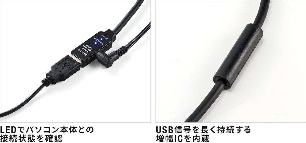 LEDでパソコン本体との接続状態を確認 USB信号を長く持続する増幅ICを内蔵